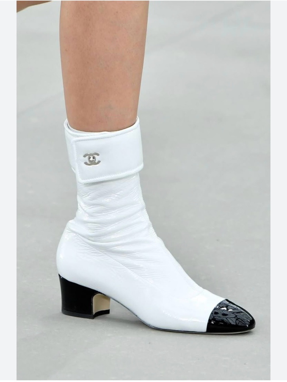 CHANEL White Leather Mid-Calf Boots with Black Patent Cap Toe